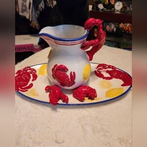 Crab Themed Pitcher and Platter Set with salt & pepper crab/lobster